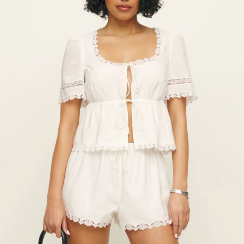 Reformation White Lace-Trim Peplum Tie-Front Top
